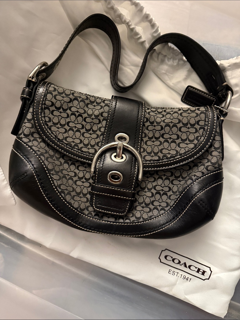 Coach Black and Gray Signature Canvas Shoulder Bag with Leather Trim